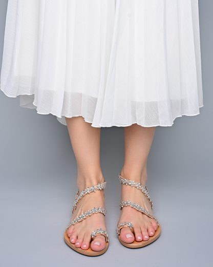 Boho Crystal Floral Strappy Flat Sandals for Women – Handmade Summer Bridal Gladiator Shoes