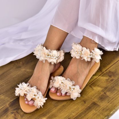 Boho Floral Pearl Ankle Strap Flat Sandals for Women – Handmade Romantic Summer Bridal Shoes