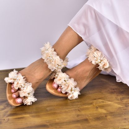 Boho Floral Pearl Ankle Strap Flat Sandals for Women – Handmade Romantic Summer Bridal Shoes - Image 3