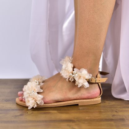 Boho Floral Pearl Ankle Strap Flat Sandals for Women – Handmade Romantic Summer Bridal Shoes - Image 2