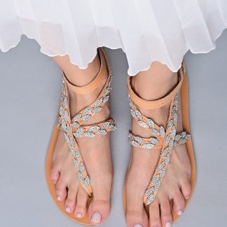 Boho Leaf Crystal Embellished Flat Sandals for Women – Handmade Strappy Summer Gladiator Shoes