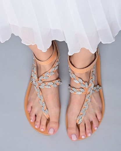 Boho Leaf Crystal Embellished Flat Sandals for Women – Handmade Strappy Summer Gladiator Shoes - Image 2