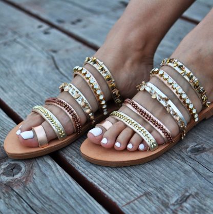 Boho Multi-Strap Embellished Slide Sandals for Women – Handmade Metallic & Beaded Flat Summer Shoes