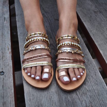 Boho Multi-Strap Embellished Slide Sandals for Women – Handmade Metallic & Beaded Flat Summer Shoes - Image 7