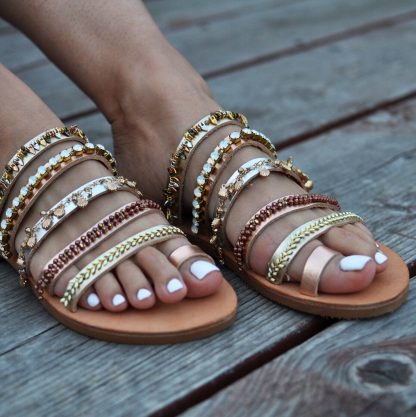 Boho Multi-Strap Embellished Slide Sandals for Women – Handmade Metallic & Beaded Flat Summer Shoes - Image 6