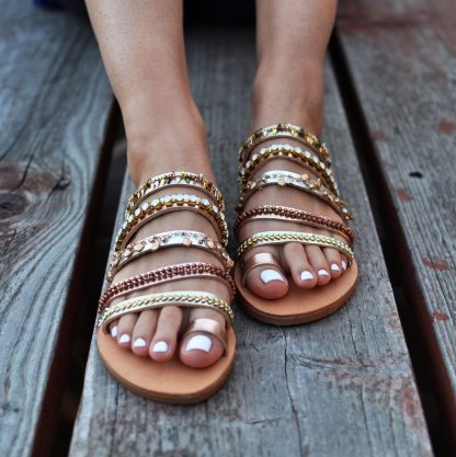 Boho Multi-Strap Embellished Slide Sandals for Women – Handmade Metallic & Beaded Flat Summer Shoes - Image 5