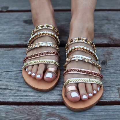 Boho Multi-Strap Embellished Slide Sandals for Women – Handmade Metallic & Beaded Flat Summer Shoes - Image 3