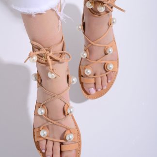 Boho Pearl Lace-Up Gladiator Flat Sandals for Women – Handmade Summer Strappy Shoes