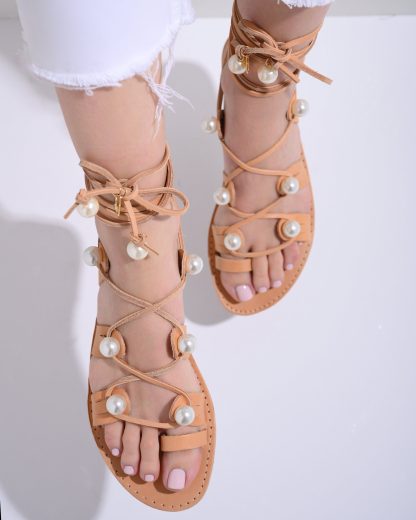 Boho Pearl Lace-Up Gladiator Flat Sandals for Women – Handmade Summer Strappy Shoes