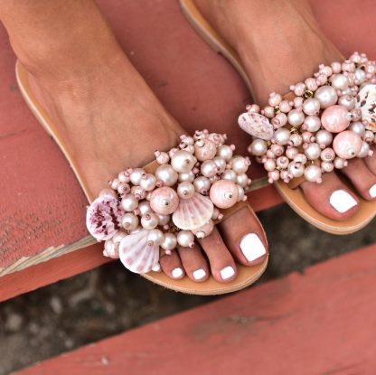 Boho Pink Seashell & Pearl Embellished Slide Sandals for Women – Handmade Ocean-Inspired Summer Flats - Image 2