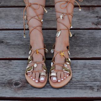 Boho Shell & Charm Lace-Up Gladiator Flat Sandals for Women – Handmade Beach Summer Festival Shoes