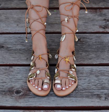 Boho Shell & Charm Lace-Up Gladiator Flat Sandals for Women – Handmade Beach Summer Festival Shoes