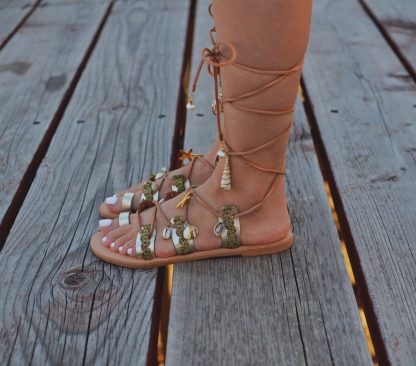 Boho Shell & Charm Lace-Up Gladiator Flat Sandals for Women – Handmade Beach Summer Festival Shoes - Image 3