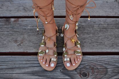 Boho Shell & Charm Lace-Up Gladiator Flat Sandals for Women – Handmade Beach Summer Festival Shoes - Image 4