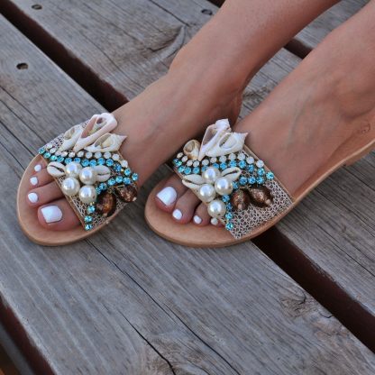 Boho Shell and Pearl Embellished Slide Sandals for Women – Handmade Summer Beach Flats with Turquoise Crystals - Image 6