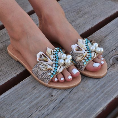 Boho Shell and Pearl Embellished Slide Sandals for Women – Handmade Summer Beach Flats with Turquoise Crystals - Image 4