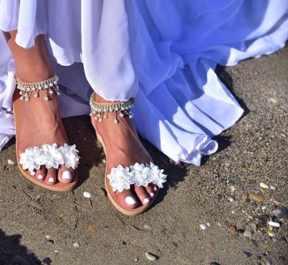 Boho White Floral & Pearl Ankle Strap Flat Sandals for Women – Handmade Bridal Summer Shoe