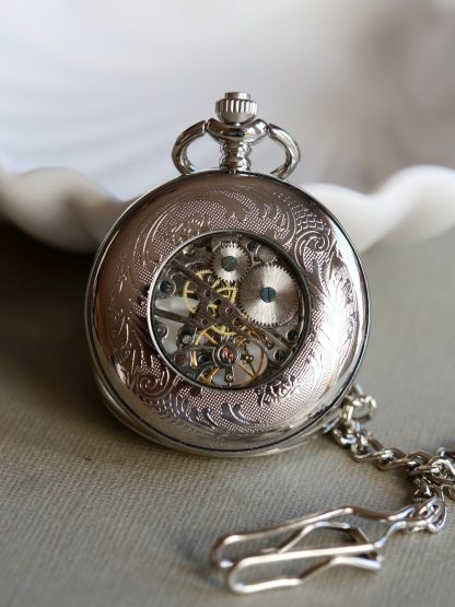 Classic Mechanical Elegant Silver Skeleton Pocket Watch - Image 2