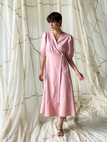 Soft Pink Puff Sleeve Wrap Midi Dress - Image 6