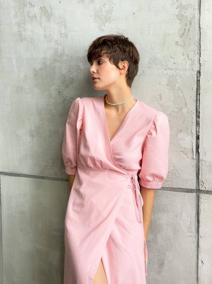 Soft Pink Puff Sleeve Wrap Midi Dress - Image 4