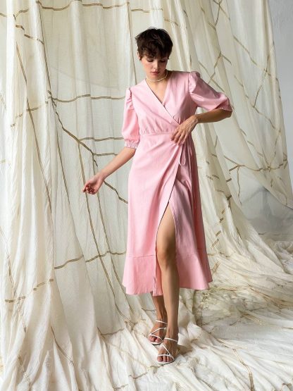 Soft Pink Puff Sleeve Wrap Midi Dress - Image 3
