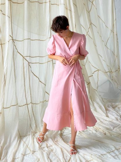 Soft Pink Puff Sleeve Wrap Midi Dress - Image 2