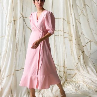 Soft Pink Puff Sleeve Wrap Midi Dress