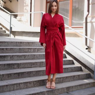 Elegant Red Kimono-Style Wrap Dress