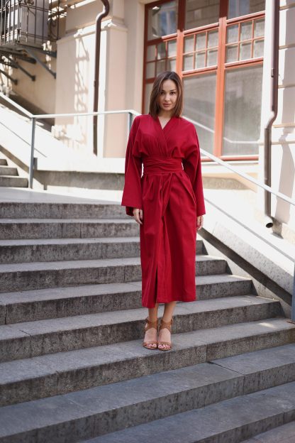 Elegant Red Kimono-Style Wrap Dress