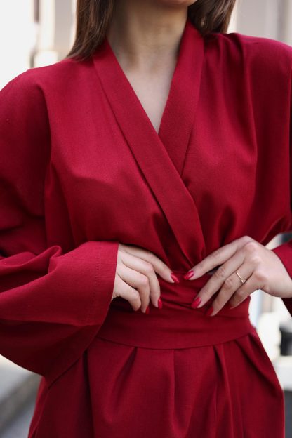 Elegant Red Kimono-Style Wrap Dress - Image 5