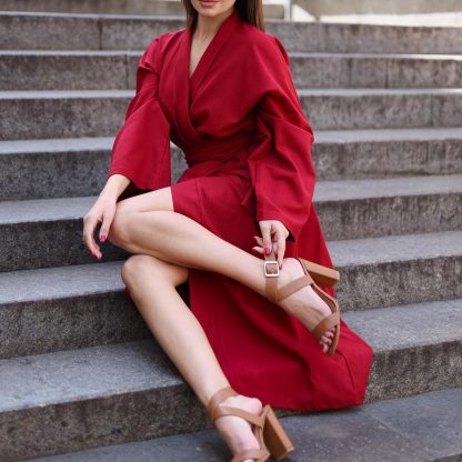 Elegant Red Kimono-Style Wrap Dress - Image 4