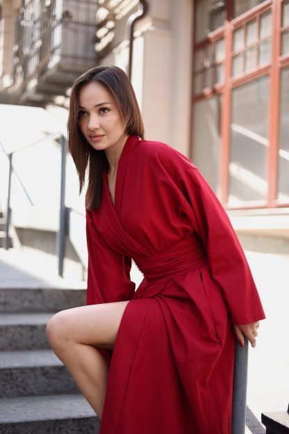 Elegant Red Kimono-Style Wrap Dress - Image 3