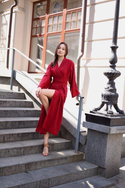 Elegant Red Kimono-Style Wrap Dress - Image 6