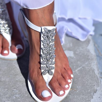 Elegant Crystal Embellished T-Strap Flat Sandals for Women – Bridal and Evening Summer Sandals - Image 2