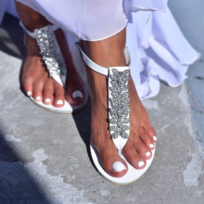 Elegant Crystal Embellished T-Strap Flat Sandals for Women – Bridal and Evening Summer Sandals - Image 3