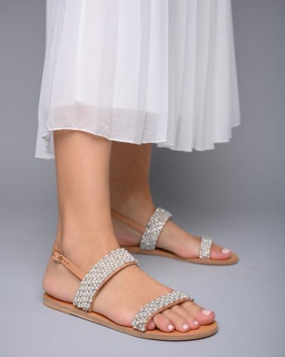 Elegant Pearl Embellished Double Strap Flat Sandals for Women – Bridal & Summer Occasion Slides