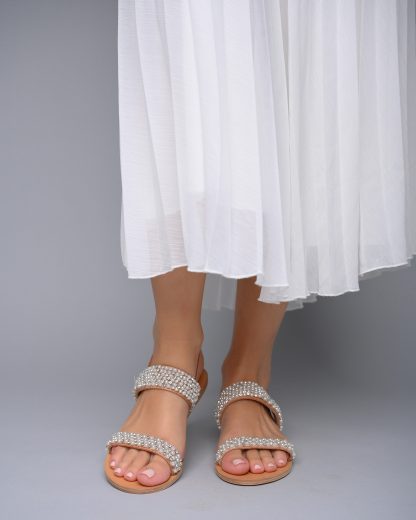 Elegant Pearl Embellished Double Strap Flat Sandals for Women – Bridal & Summer Occasion Slides - Image 2