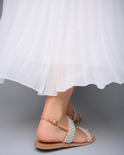 Elegant Pearl Embellished Double Strap Flat Sandals for Women – Bridal & Summer Occasion Slides - Image 3