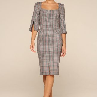 Grey Plaid Square Neck Dress