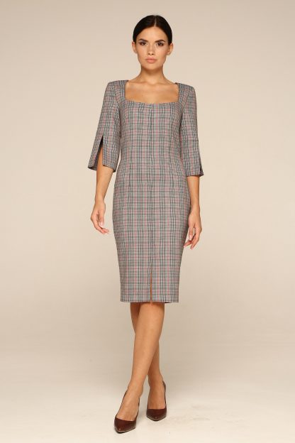 Grey Plaid Square Neck Dress