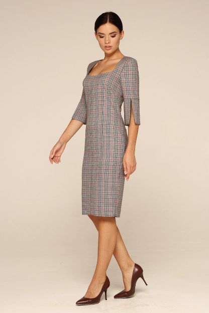 Grey Plaid Square Neck Dress - Image 3