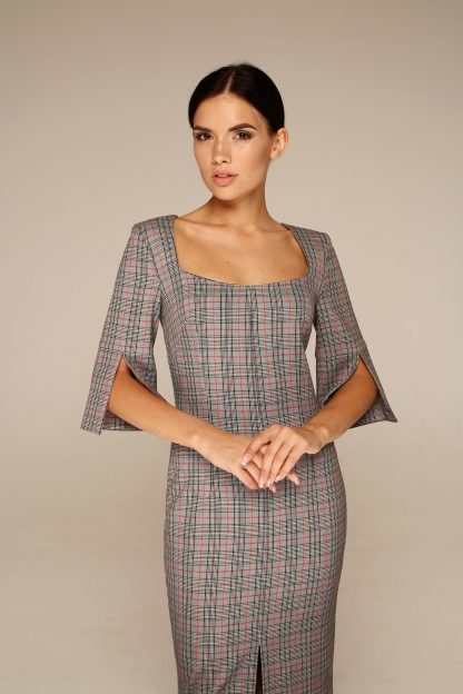 Grey Plaid Square Neck Dress - Image 6