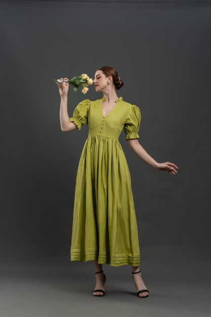 Vintage Puff Sleeve V Neck Dress - Image 6