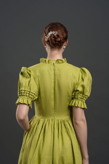 Vintage Puff Sleeve V Neck Dress - Image 4