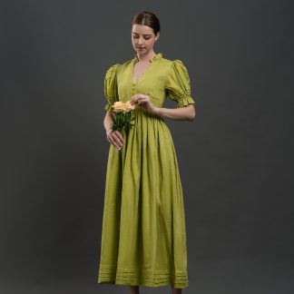 Vintage Puff Sleeve V Neck Dress