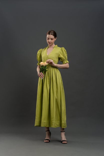 Vintage Puff Sleeve V Neck Dress