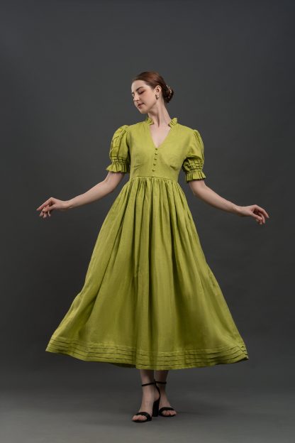 Vintage Puff Sleeve V Neck Dress - Image 2