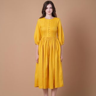 Yellow puff sleeve waist dress