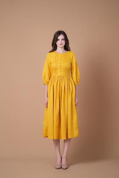 Yellow puff sleeve waist dress