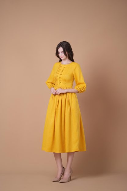 Yellow puff sleeve waist dress - Image 5